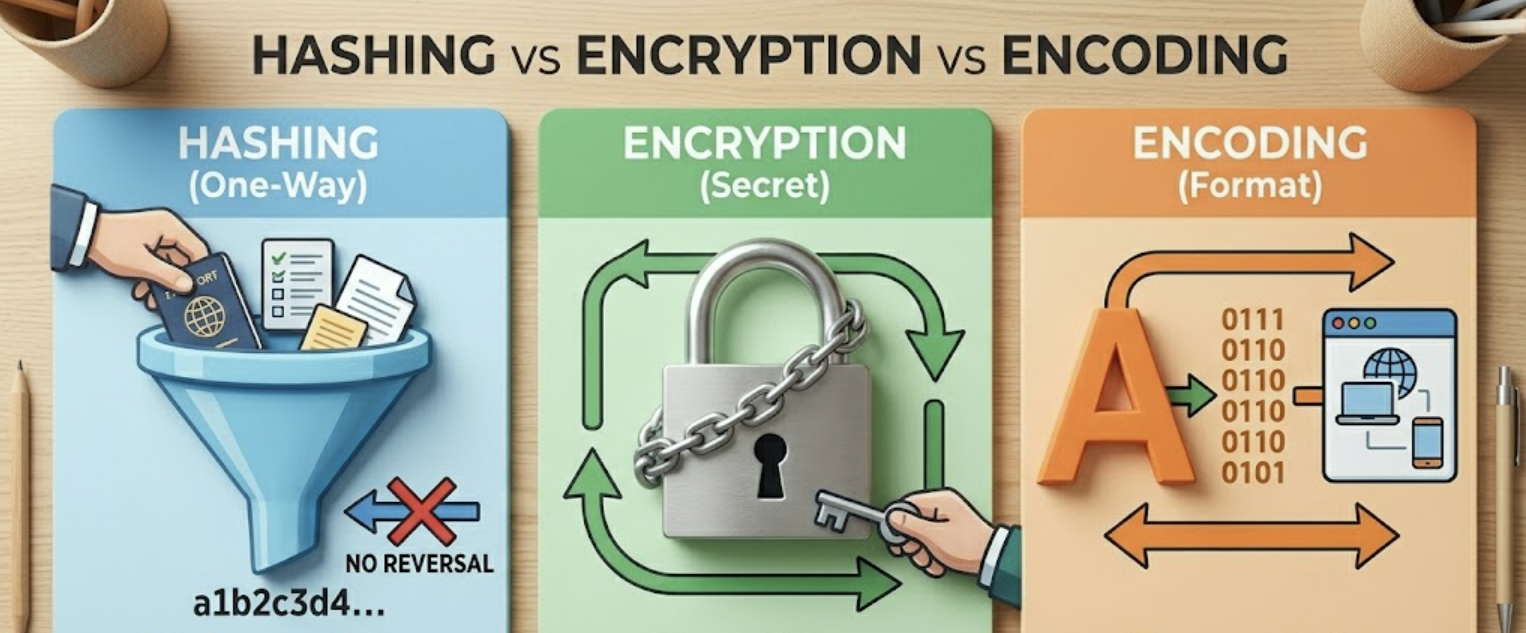 Hashing vs Encryption vs Encoding comparison
