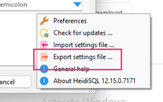 Exporting settings file in HeidiSQL