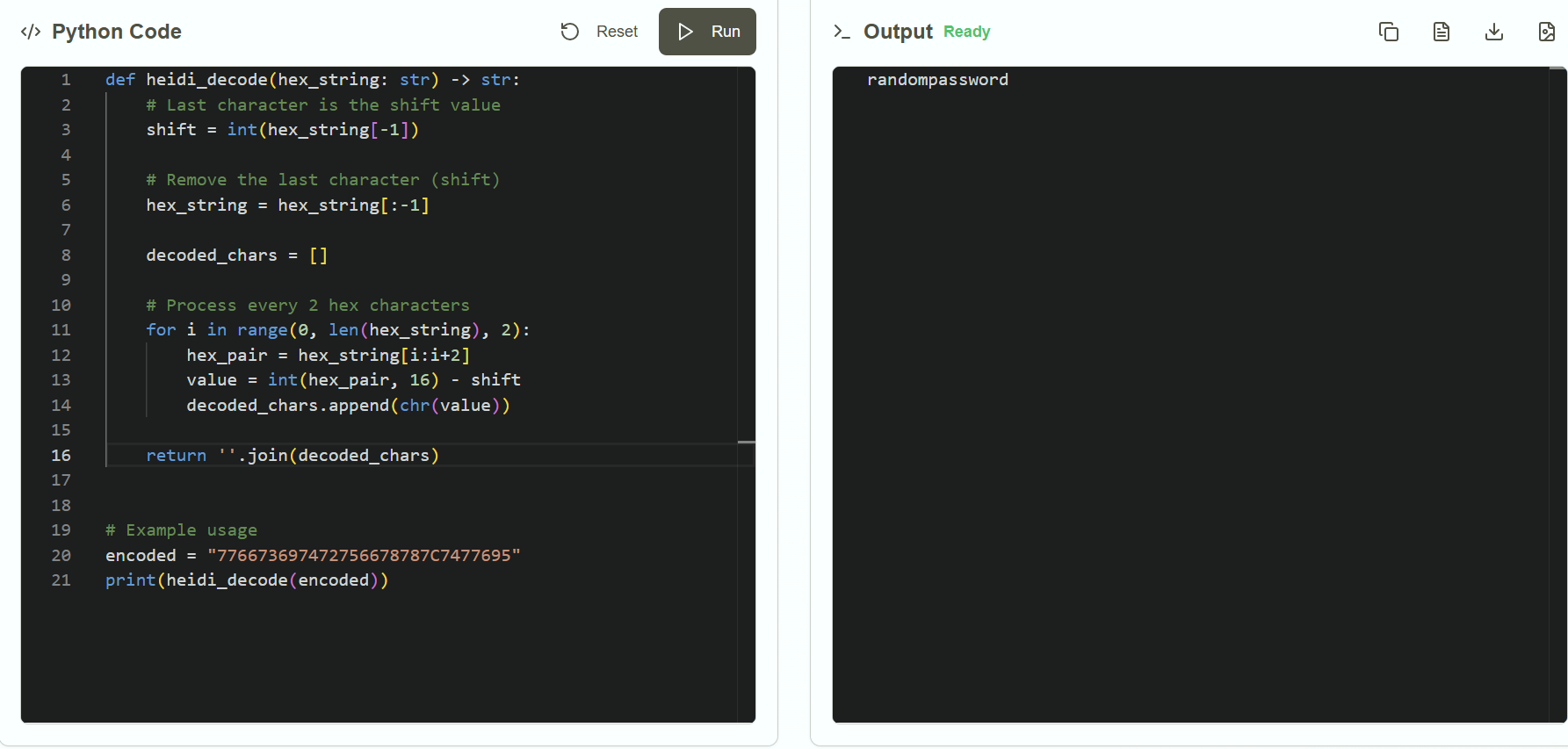 Running the decoding code to recover the password