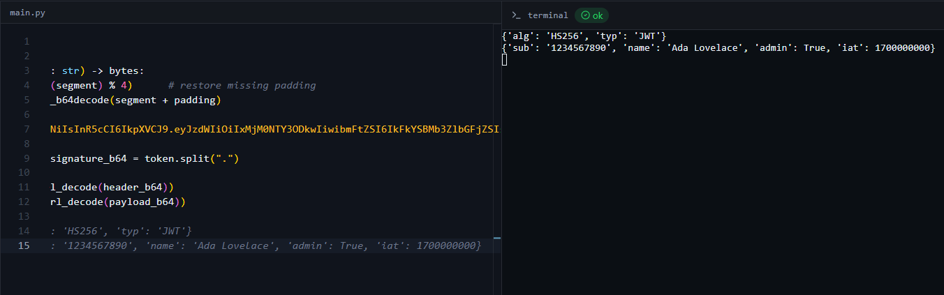 Decoded JWT header and payload in the Python online compiler